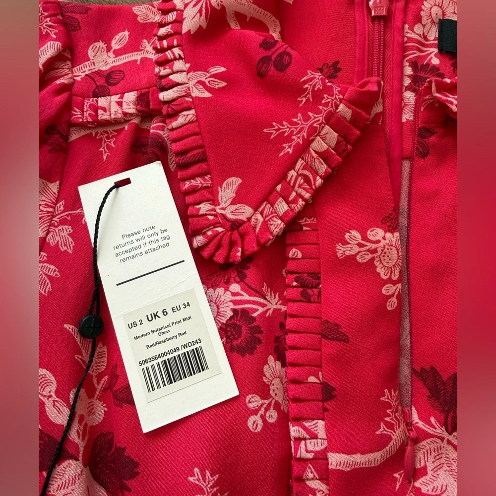ME+EM 2 Modern Botanical Print Midi Dress Raspberry Red EUC Floral Short Sleeve - Picture 13 of 16